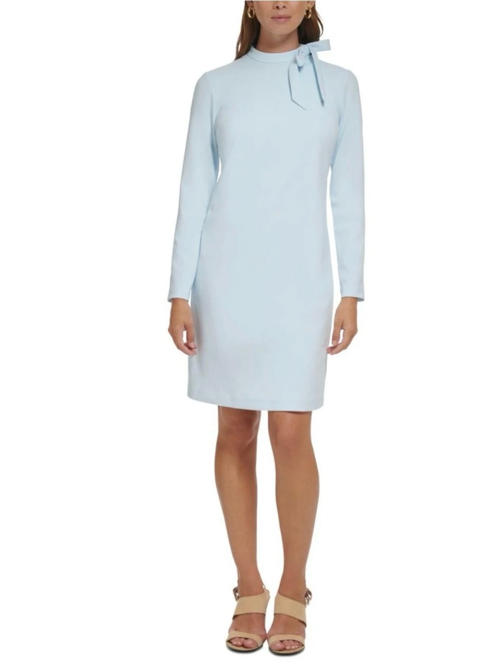 Calvin Klein Light Blue Long-Sleeve Tie-Neck Scuba Crepe Shift Dress size 12